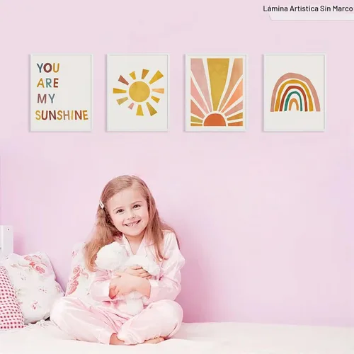 Vista 2 de Juego de 4 impresiones de pared boho Rainbow Nursery - You Are My Sunshine, decoración de habitación infantil