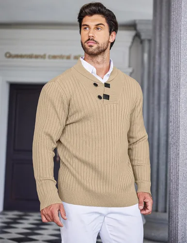Vista 3 de COOFANDY Suéter de punto con cuello de chal para hombre, casual, ajustado, con botones, suéter de punto