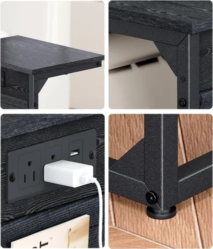 Vista 7 de Mesa auxiliar en forma de C con estación de carga rápida, mesa lateral pequeña para sofá con bolsa de almacenamiento, bandeja de TV para sofá