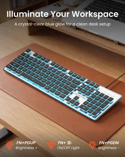 Vista 4 de SEUNKWANG Teclado retroiluminado con cable con teclas de pudín, teclado silencioso de computadora de tamaño completo, retroiluminación azul, fácil
