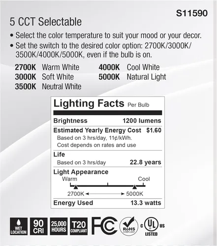 Vista 6 de Satco S11590; LED PAR38 de 13.3 vatios; base media; acabado plateado; CCT seleccionable; 120 voltios; ángulo de haz de 60 grados