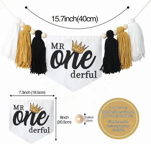 Vista 9 de Cartel para silla alta con texto en inglés «Mr Onederful» de primer Negro Blanco