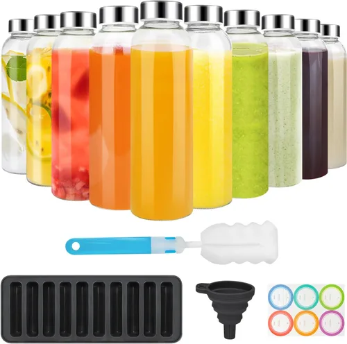 Vista 15 de PROBTTL Botellas de vidrio para jugo de 18 onzas con tapas, botellas de agua de vidrio transparente recargables con tapas herméticas de acero