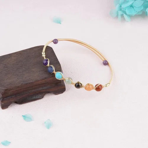 Vista 2 de ASGIFT Pulsera de 7 chakras para mujeres y niñas, cuentas de piedra de cristal curativo, ajustable, yoga, meditación, oro de 14 quilates, joyería