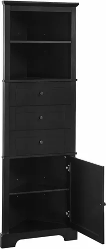 Vista 8 de Corner Cabinet with 3 Drawers and 1 Door, Triangle Storage Cabinet with Open Adjustable Shelves, Tall Bathroom Organizer Home Space Saver for Living