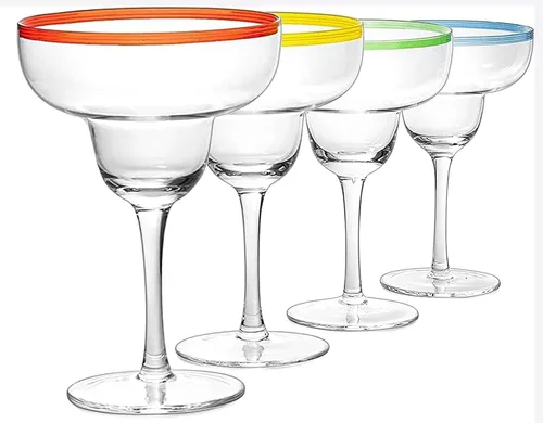 Vista 8 de Vasos de cóctel Margarita de 12 onzas + bordes coloridos para fiesta, juego de 4, resistentes, gruesos, soplados a mano, copas clásicas de bebidas