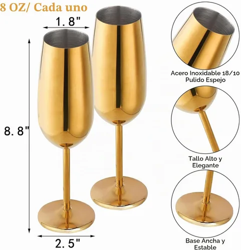 Vista 2 de DEAYOU Paquete de 2 copas de champán de tallo irrompible, copas de champán de acero inoxidable 18/10, copa de champán dorada de 8 onzas con tallo