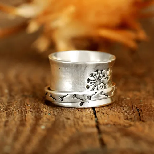 Vista 7 de Boho-Magic Anillo giratorio de plata de ley 925 para mujer, diseño de flor de diente de león para aliviar la ansiedad, banda ancha, Metal,