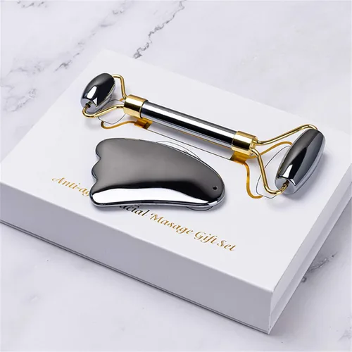 Vista 4 de HOTACE Juego de rodillos faciales y Gua Sha de terahercios naturales, juego de rodillos faciales de piedra energética para el cuidado de la cara