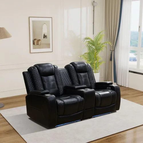Vista 5 de Juego de sofá reclinable eléctrico de cuero con LED, juego de muebles de sala de estar, juego de sofá de cuero con puerto USB, consola