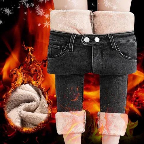 Vista 2 de Pantalones gruesos Haren - Jeans de felpa para mujer, cálidos, sueltos, de cintura alta, rectos, para mujer, pantalones de pijama para mujer