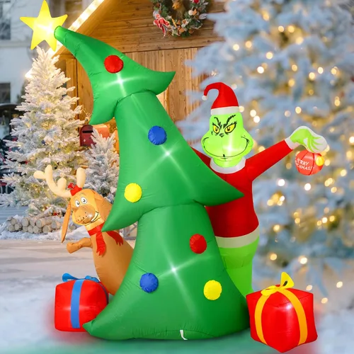 Vista 5 de Hioasis Decoración inflable de Navidad para exteriores de 9 pies, árbol con monstruo verde de Navidad, perro y cajas de regalo con luces LED