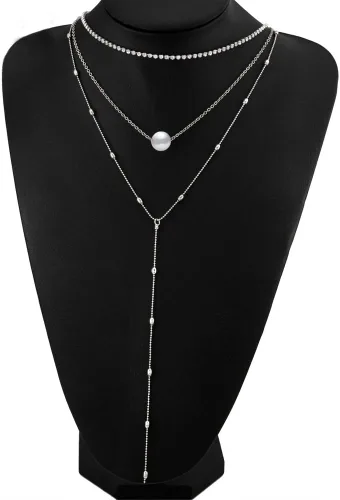 Vista 2 de Juego de 3 collares para mujer, cadenas de joyería en capas, gargantilla de cristal artificial, perla, cuentas de cobre, colgante de flecos, moda