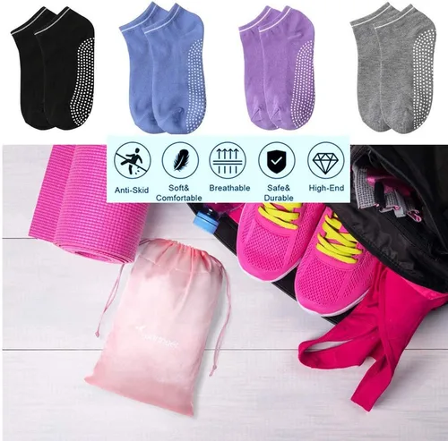 Vista 6 de Juego de 4 pares de calcetines de silicona con agarre de puntos para mujer, calcetines antideslizantes para yoga, fitness, baile, ballet, calcetines