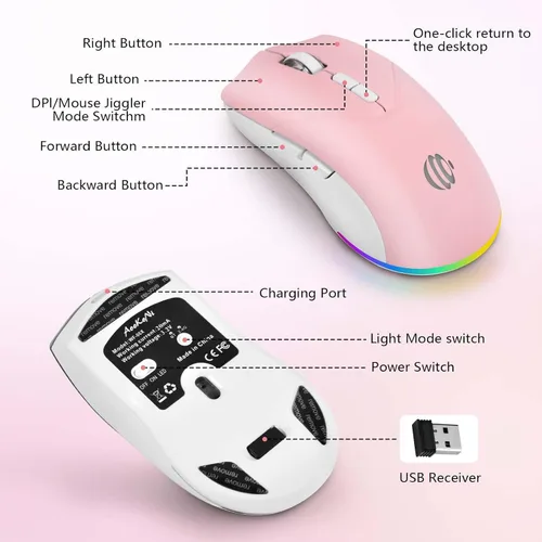Vista 3 de Ratón Bluetooth inalámbrico, mouse recargable, modo dual silencioso LED (Bluetooth 5.2 y 2.4G) mouse inalámbrico para laptop, PC, Mac, iPad, amplia