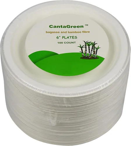 Vista 5 de CantaGreen Platos de postre pequeños compostables de 6 pulgadas, 100 platos de papel desechables biodegradables de caña de azúcar/bagazo y fibra