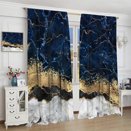 Vista 4 de Cortinas abstractas de mármol de lujo de lujo azul marino dorado a rayas con patrón de mármol estampado para dormitorio, sala de estar, cortinas
