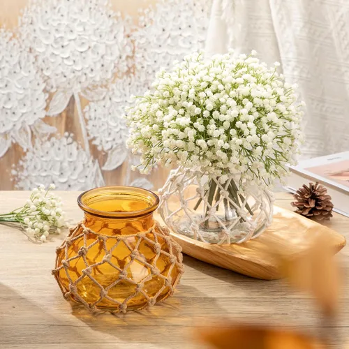 Vista 6 de Hollyone Jarrón de vidrio ámbar con cubierta de cuerda de algodón, jarrón redondo de vidrio tejido, botella de flores decorativa, jarrón moderno