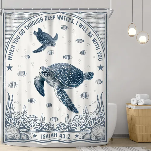 Vista 2 de Riyidecor Ocean Turtle Bible Verse Rustic Navy Bathroom Shower Curtain Set