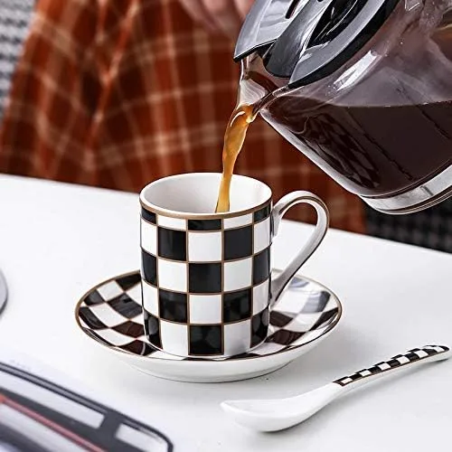 Vista 5 de Checker - Juego de 6 tazas y platillos de espresso de 3 onzas, juego de tazas Demitasse