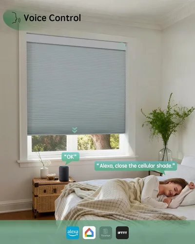 Vista 4 de Yoolax Persianas celulares motorizadas compatibles con Alexa, persianas opacas inteligentes de panal con control remoto para ventanas