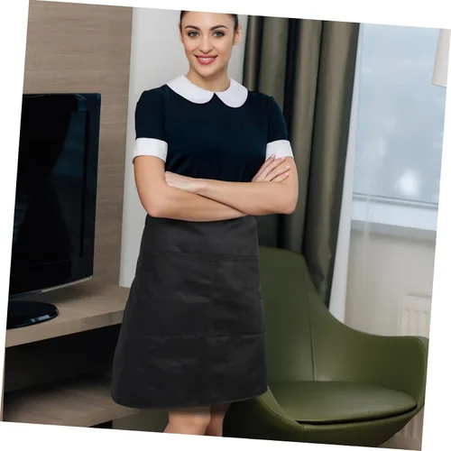 Vista 5 de ULTECHNOVO Delantal de trabajo unisex para mujer y hombre, delantal de cocina con bolsillos dobles, cintura corta, color blanco, 27.6x19.3 in, Negro