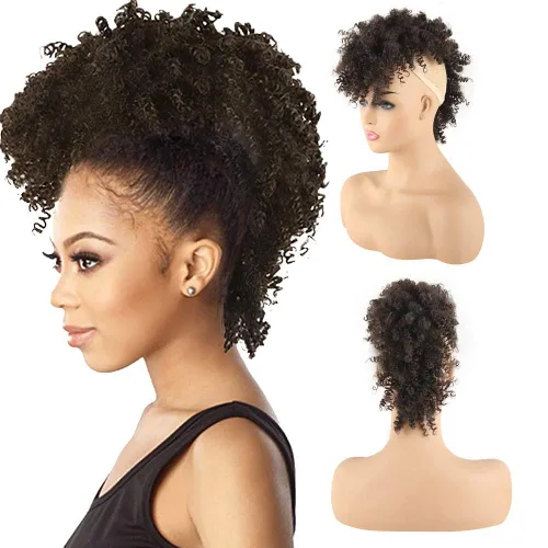 Vista 14 de KRSI Cola de caballo de pelo alto afro con flequillo, moño sintético rizado Mohawk Kinkys rizado cola de caballo con clip en colas de caballo