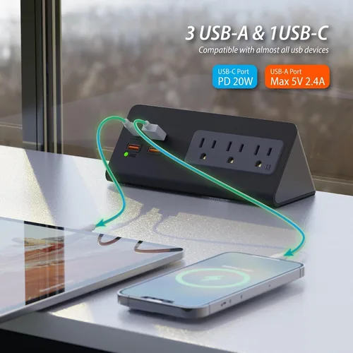 Vista 4 de Regletas de alimentación mejoradas para montaje con abrazadera de borde de escritorio con puertos USB, puerto USB-C de carga rápida PD20 W y 3