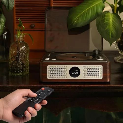 Vista 3 de Reproductor de CD retro para el hogar, reproductor portátil con Bluetooth y Marrón