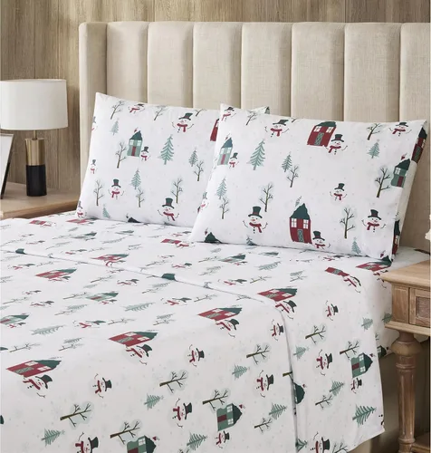Vista 19 de Sweet Home Collection Juego de sábanas de franela de Navidad, diseño de oso y ciervo, tamaño individual, de microfibra cepillada suave con bolsillo