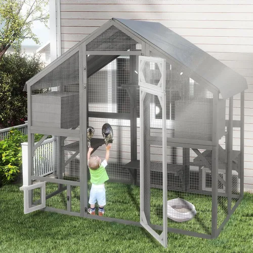Vista 7 de Gowoodhut Recinto Exterior para Gatos Catio de 69.9"L para Múltiples Gatos, Refugio de Madera Walk In para Gatos con 2 Cajas de Descanso, 6