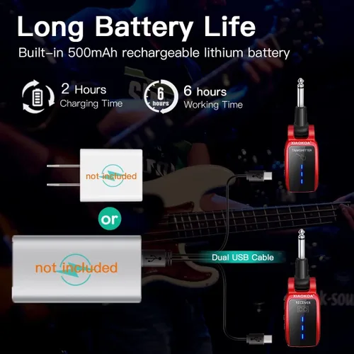 Vista 6 de Sistema inalámbrico de la guitarra, receptor recargable del transmisor de Rojo