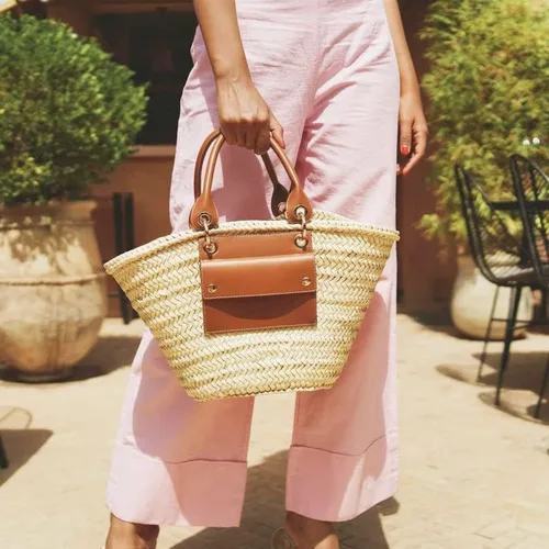 Vista 8 de Cesta francesa bolsa de paja con asas de cuero bolsa de playa, bolsa de paja, cesta de mercado