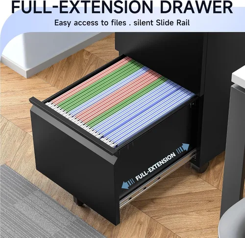 Vista 4 de Archivador móvil con cerradura, 2 cajones, pequeño gabinete rodante para oficina en casa, legal/carta/A4 (negro)
