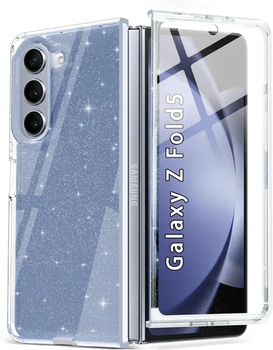 Vista 10 de Btscase Funda para Samsung Galaxy Z Fold 5, protector de pantalla frontal integrado, patrón de mármol dorado con purpurina de policarbonato duro