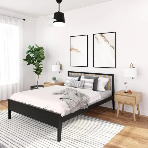 Vista 12 de Plank+Beam Base de cama individual moderna de madera maciza con cabecera de listones, plataforma escandinava con soporte de listones de madera, Negro