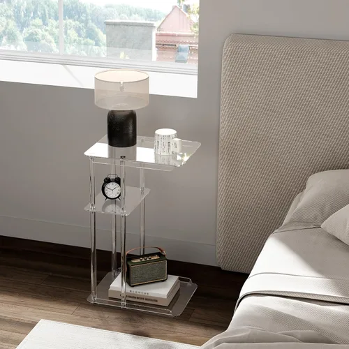 Vista 2 de HMYHUM Mesa auxiliar de acrílico transparente, mesa auxiliar en forma de C para sofá, pequeñas mesas de aperitivos para sala de estar, dormitorio