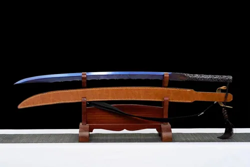 Vista 2 de Espada completa azul de alta hoja de acero de manganeso Katana japonesa Samurai Espada Funda de cuero