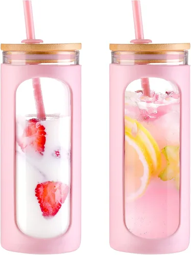 Vista 44 de Kodrine Vaso para agua de vidrio de 20 onzas con popote y tapa, botella de agua con tapas de bambú, taza para café helado, reutilizable, boca ancha