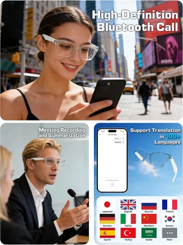 Vista 2 de Lentes inteligentes para mujer, con audio de oído abierto, Bluetooth con marco transparente, llamadas manos libres, cómodos de llevar para viajes