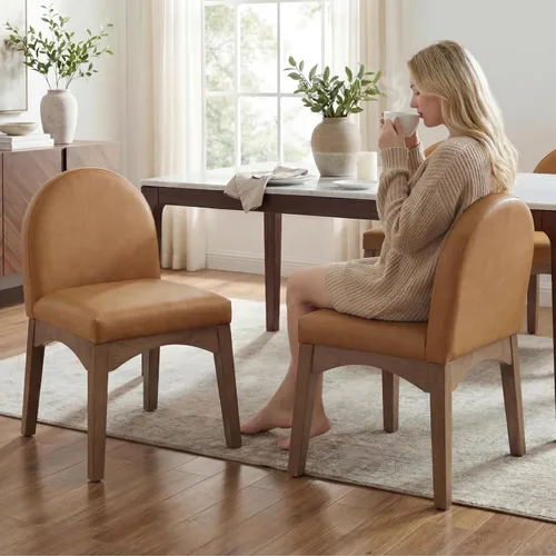 Vista 12 de HNY Juego de 2 sillas de comedor modernas de mediados de siglo, sillas de comedor tapizadas de tela de lino, sillas de cocina sin brazos con patas
