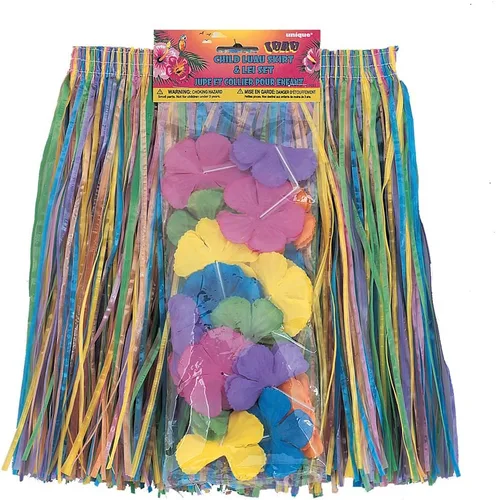 Vista 2 de Unique Conjunto de falda Luau y Lei para niños, diseño vibrante y tropical, perfecto para fiestas, baile de hula, diversión en la playa