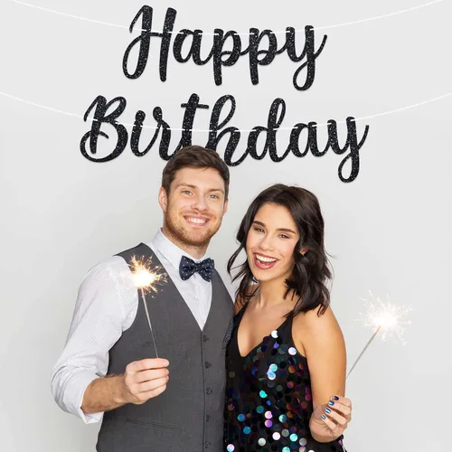 Vista 7 de Cartel de feliz cumpleaños pre-encordado – No DIY – Cartel negro de feliz cumpleaños para hombres y mujeres – Guirnalda preencordada en hebras de 6