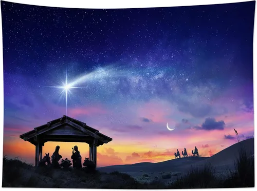Vista 7 de LB Tapiz de Natividad de Jesús, tres hombres sabios, tapiz para colgar en la pared, tapiz de estrella de Belén, póster cristiano de Navidad