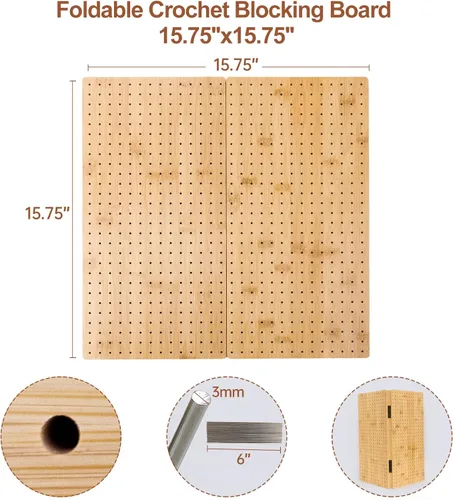 Vista 3 de Tabla de Bloqueo Cuadrada de la Abuela de 15.75" x 15.75" Plegable, Tablas de Bloqueo de Bambú para Proyectos de Ganchillo con Clavijas, Tablas