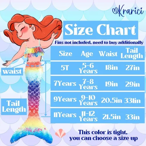 Vista 4 de Krarici Traje de baño de cola de sirena de 4 piezas, traje de baño de cola de natación, traje de cosplay para niñas y niños (sin monoaleta)