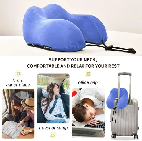 Vista 3 de Almohada de viaje azul real para cama de viaje de coche, almohada de espuma viscoelástica en forma de U para el cuello, color azul rey
