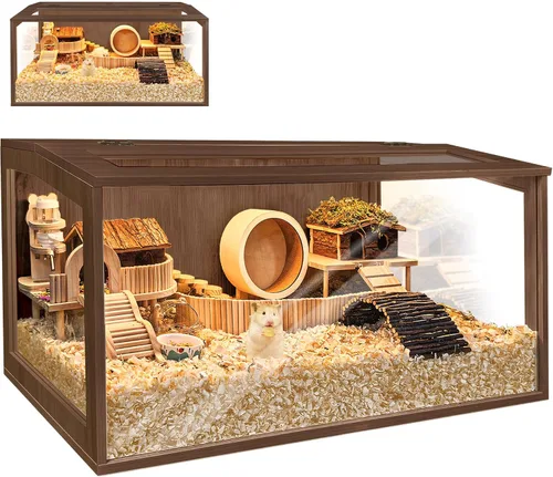 Vista 7 de PROLEE Jaula para hámster con parte superior de madera a prueba de masticación, jaulas de conejillo de indias, hábitat para hámster con hojas Roble
