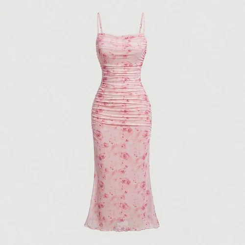 Vista 5 de GORGLITTER Vestido midi ajustado floral fruncido para mujer, de malla, sin mangas, con cola de pescado