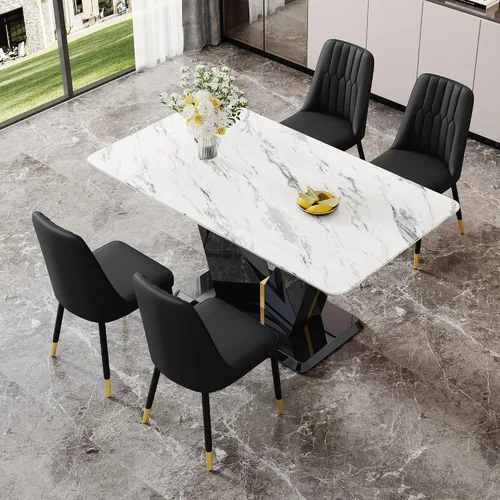 Vista 3 de Juego de mesa de comedor de 5 piezas, juego de mesa de comedor moderno de mármol de 63 pulgadas para 4, juego de mesa de cocina blanca para 4, juego